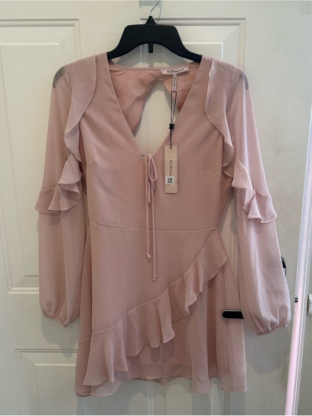 BCBGeneration Dusty Blush Ruffle Long-Sleeve Mini Dress